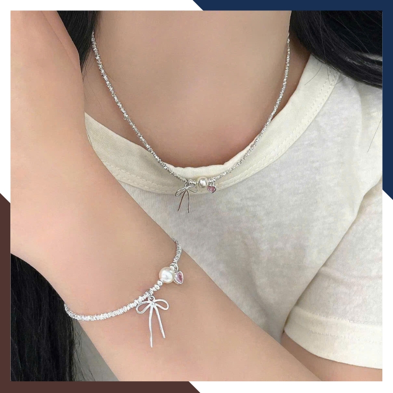 Bộ Dây Chuyền Ngọc Trai Thật Phối Vụn Bạc Cho Nữ BTSNT143