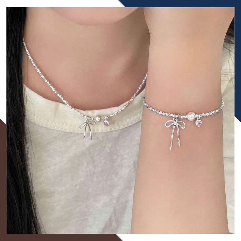 Bộ Dây Chuyền Ngọc Trai Thật Phối Vụn Bạc Cho Nữ BTSNT143