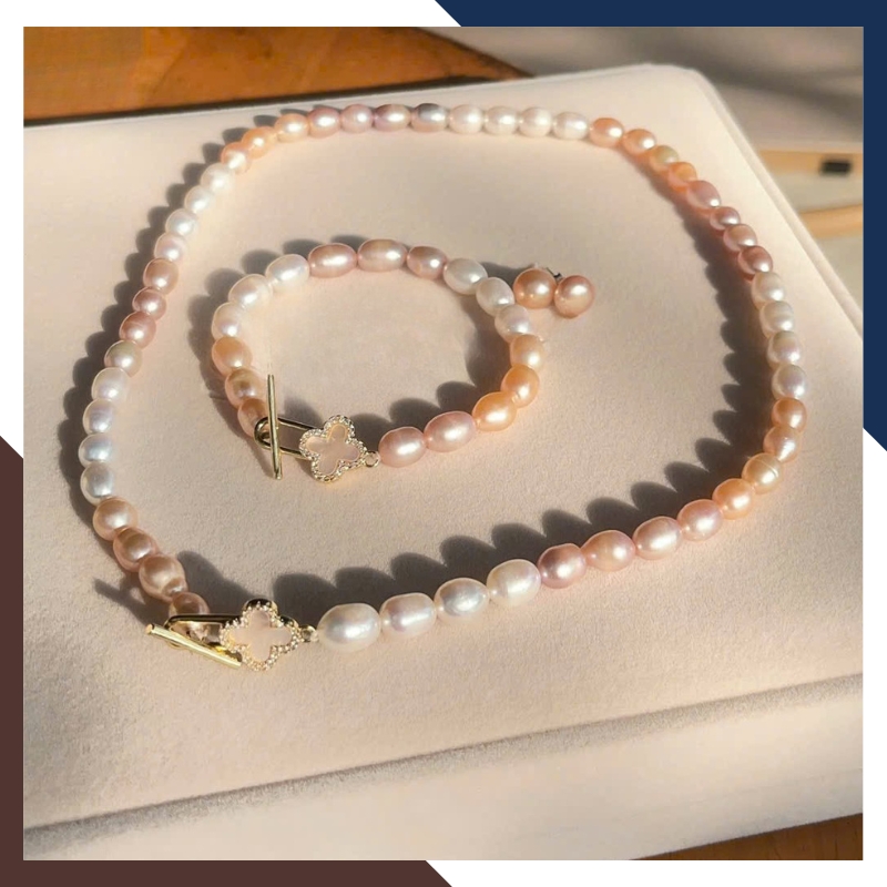 Bộ Trang Sức Ngọc Trai 2 Màu Trắng Hồng Phối Cỏ 4 Lá Mã BTSNT101 | Ngọc Trai Thật