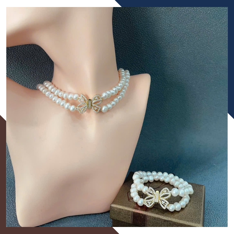 Bộ Trang Sức Ngọc Trai 2 Vòng Phối Khoá Nơ BTSNT118 – Kiêu Sa & Cuốn Hút