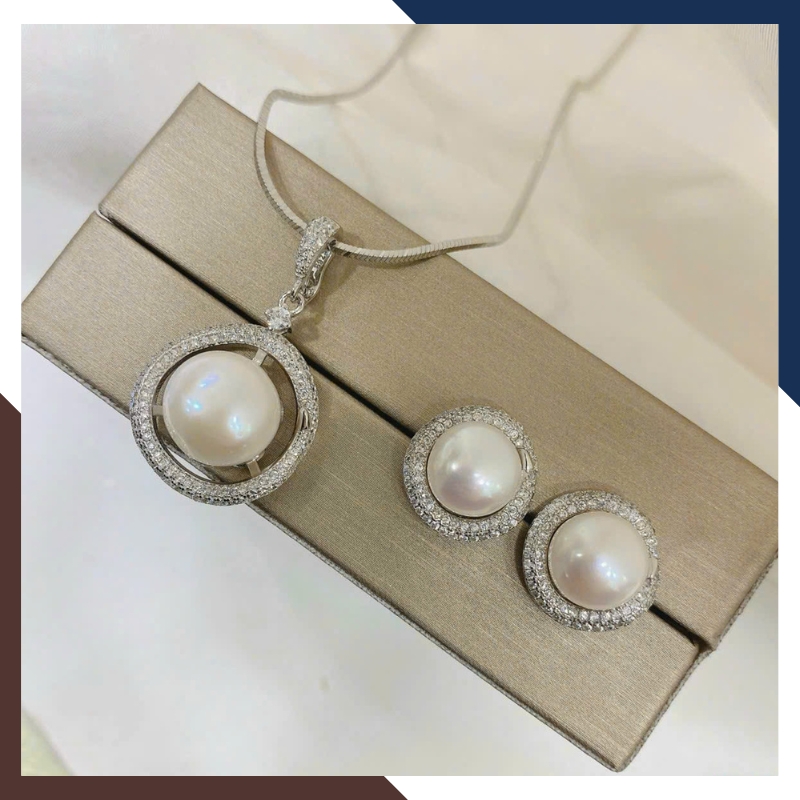 Bộ Trang Sức Ngọc Trai Bạc Xi Bạch Kim BTSNT126