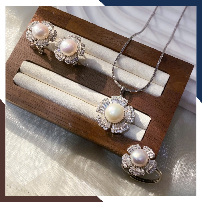 Bộ Trang Sức Ngọc Trai Bạc Xi Bạch Kim BTSNT126