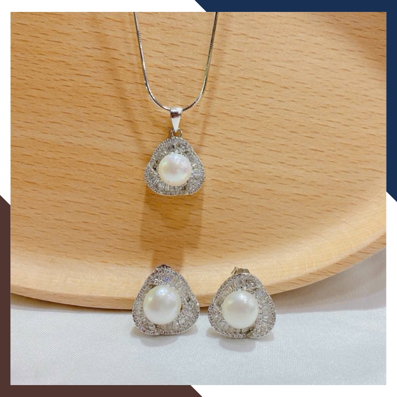 Bộ Trang Sức Ngọc Trai Bạc Xi Bạch Kim BTSNT126