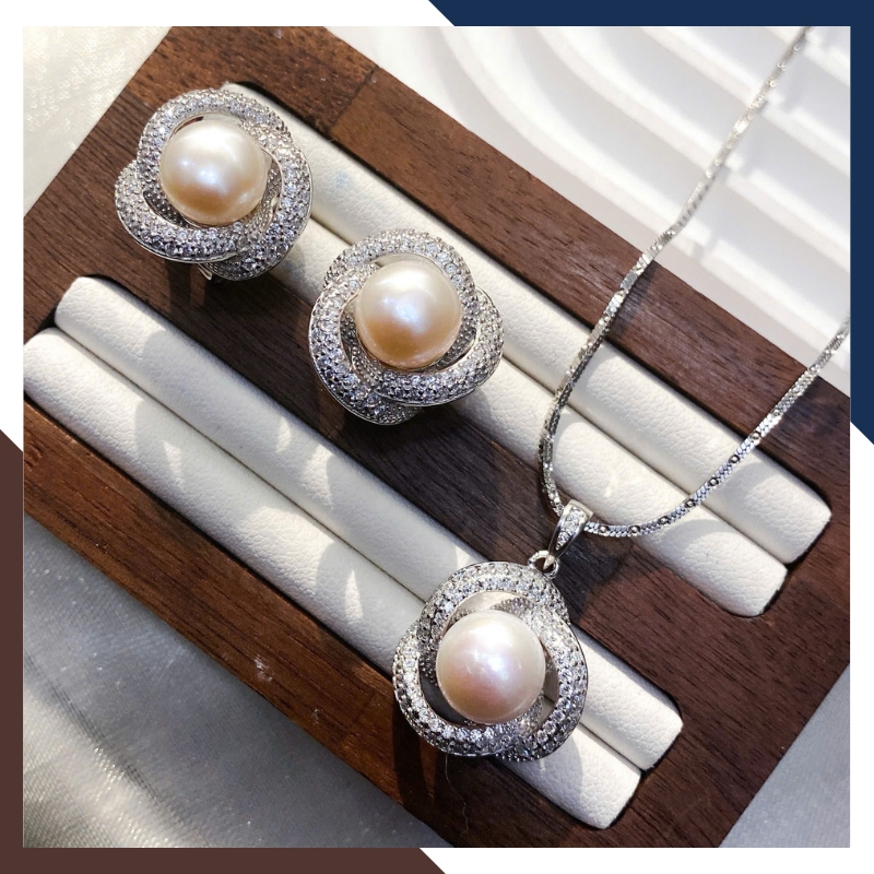 Bộ Trang Sức Ngọc Trai Bạc Xi Bạch Kim BTSNT126