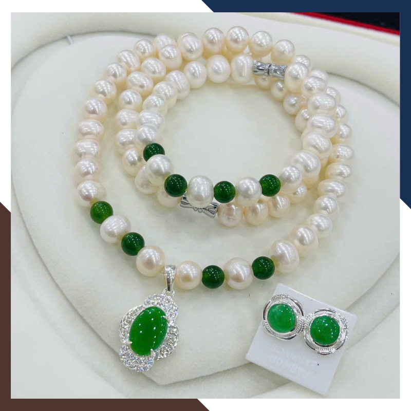 Bộ Trang Sức Ngọc Trai Cho Mẹ Mix Đá Phong Thuỷ Mã BTSNT103