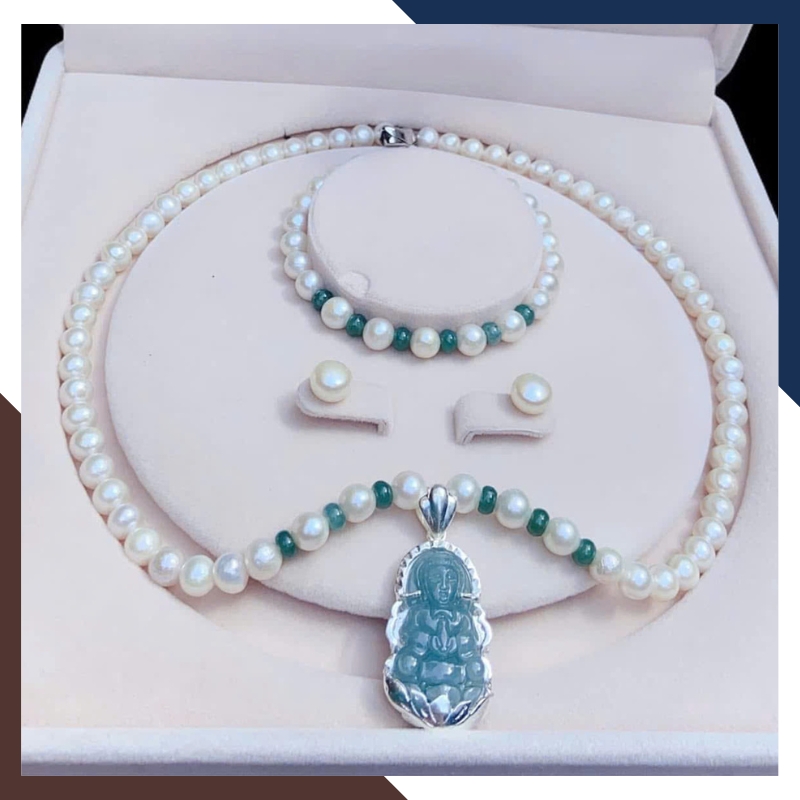 Bộ trang sức ngọc trai cho mẹ mix Phật đá lam ngọc BTSNT183