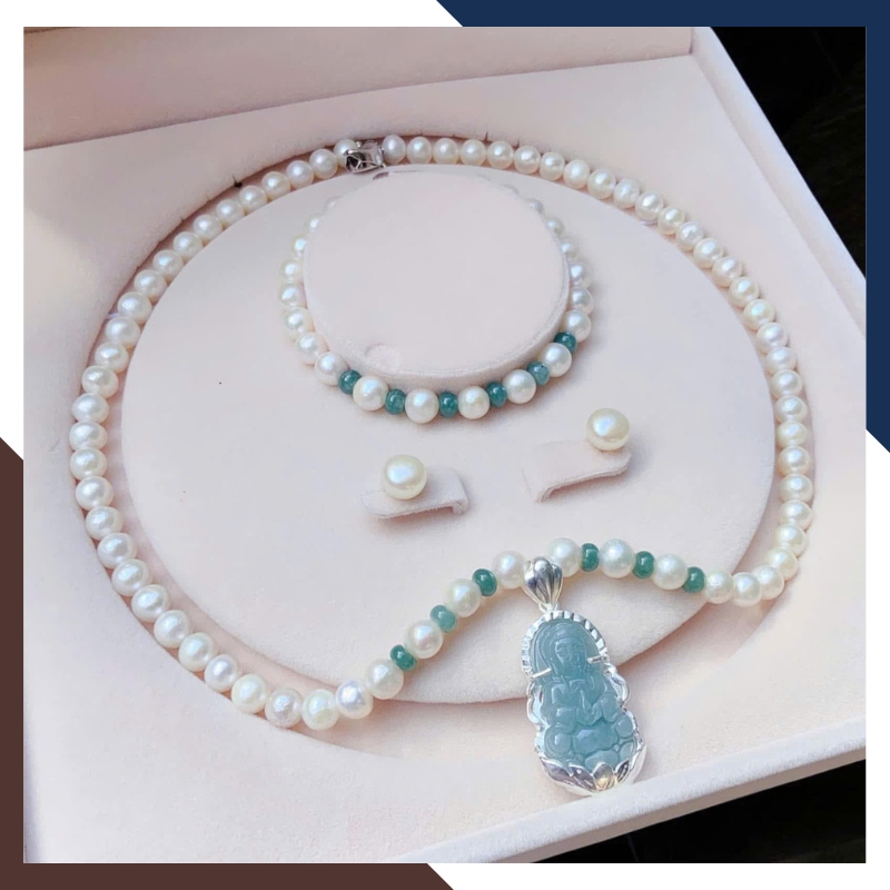 Bộ trang sức ngọc trai cho mẹ mix Phật đá lam ngọc BTSNT183