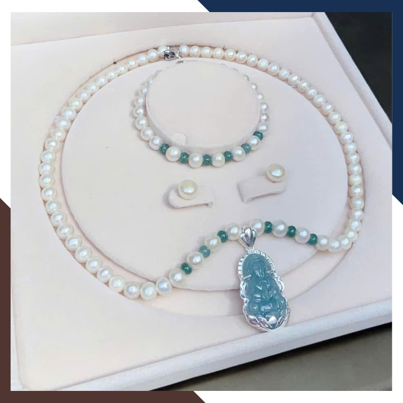 Bộ trang sức ngọc trai cho mẹ mix Phật đá lam ngọc BTSNT183