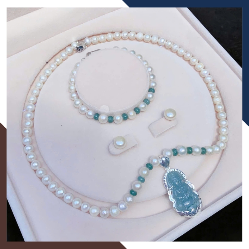 Bộ trang sức ngọc trai cho mẹ mix Phật đá lam ngọc BTSNT183