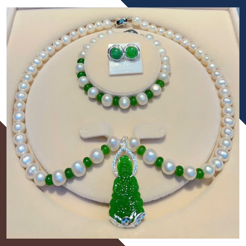 Bộ trang sức ngọc trai cho mẹ mix Phật đá phong thuỷ BTSNT188