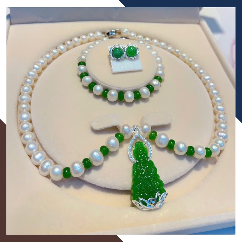 Bộ trang sức ngọc trai cho mẹ mix Phật đá phong thuỷ BTSNT188