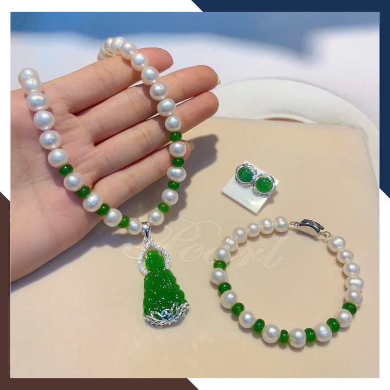 Bộ trang sức ngọc trai cho mẹ mix Phật đá phong thuỷ BTSNT188
