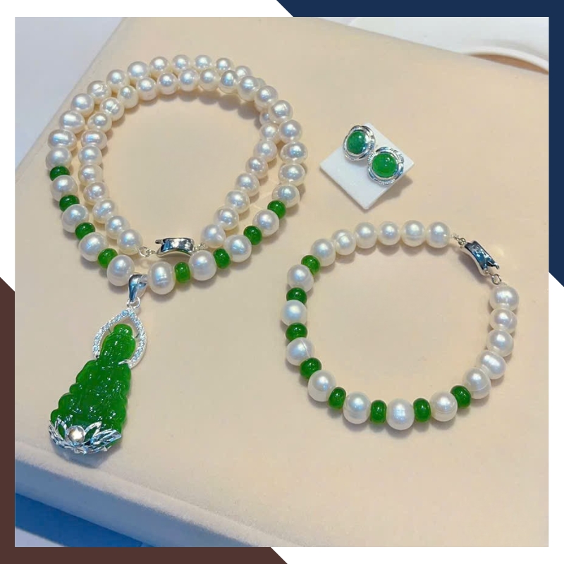 Bộ trang sức ngọc trai cho mẹ mix Phật đá phong thuỷ BTSNT188
