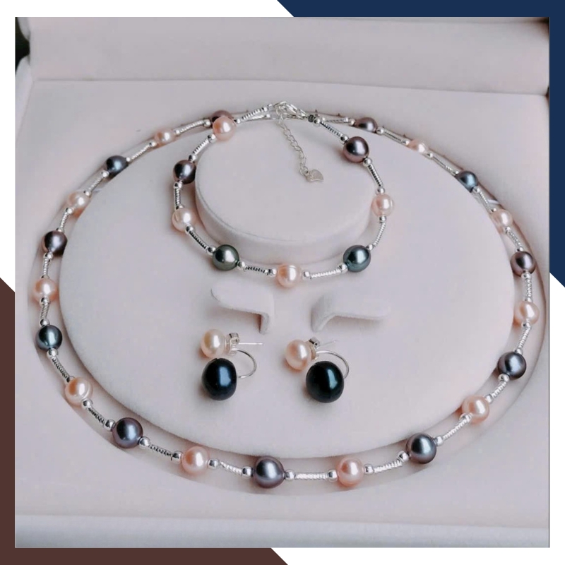 Bộ Trang Sức Ngọc Trai Thật 2 Màu Đen Hồng Phối Bạc Mã BTSNT100