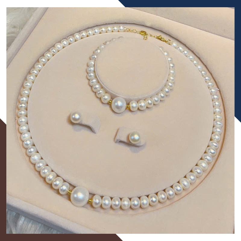 Bộ Trang Sức Ngọc Trai Thật 7–8mm Phối Viên Lớn 9-10mm BTSNT193