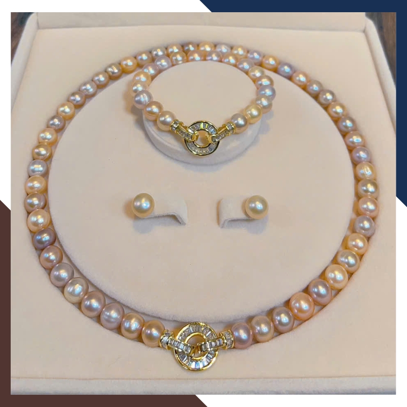 Bộ Trang Sức Ngọc Trai Thật 9–10mm Mix Tím & Hồng Cam BTSNT191