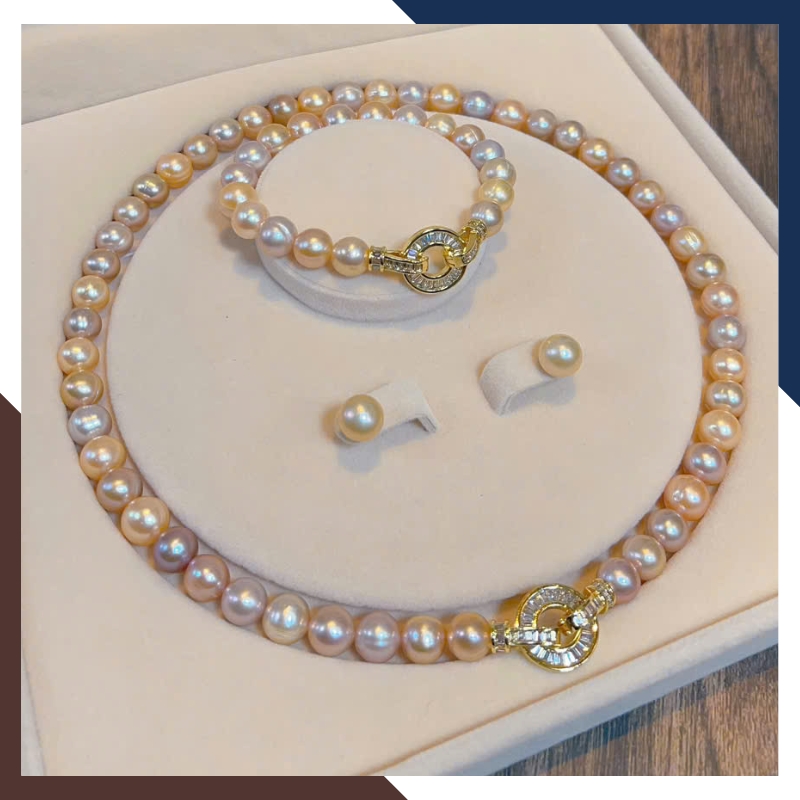 Bộ Trang Sức Ngọc Trai Thật 9–10mm Mix Tím & Hồng Cam BTSNT191