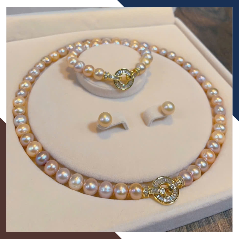 Bộ Trang Sức Ngọc Trai Thật 9–10mm Mix Tím & Hồng Cam BTSNT191