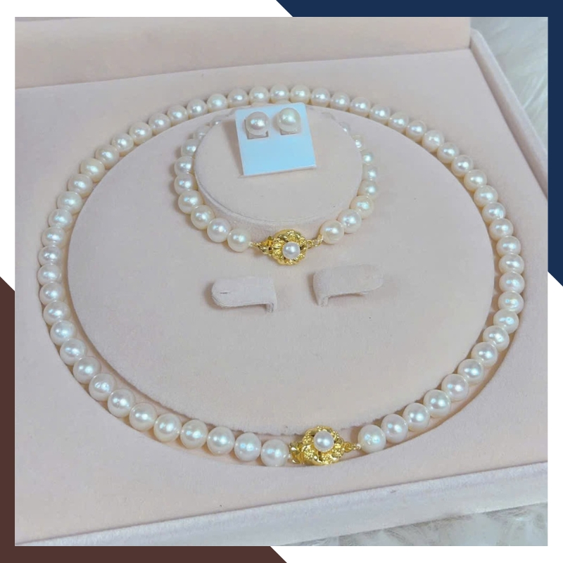 Bộ Trang Sức Ngọc Trai Thật Cao Cấp Mix Khoá Mạ Vàng BTSNT226