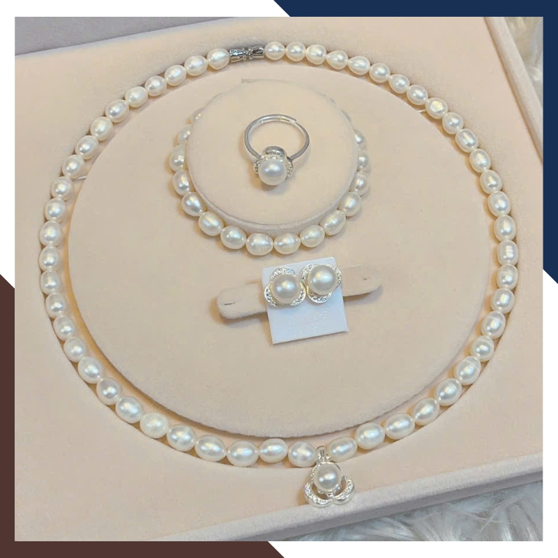 Bộ Trang Sức Ngọc Trai Thật Dáng Hạt Xoài Mix Bạc BTSNT219