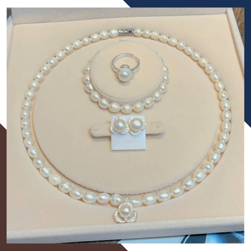 Bộ Trang Sức Ngọc Trai Thật Dáng Hạt Xoài Mix Bạc BTSNT219