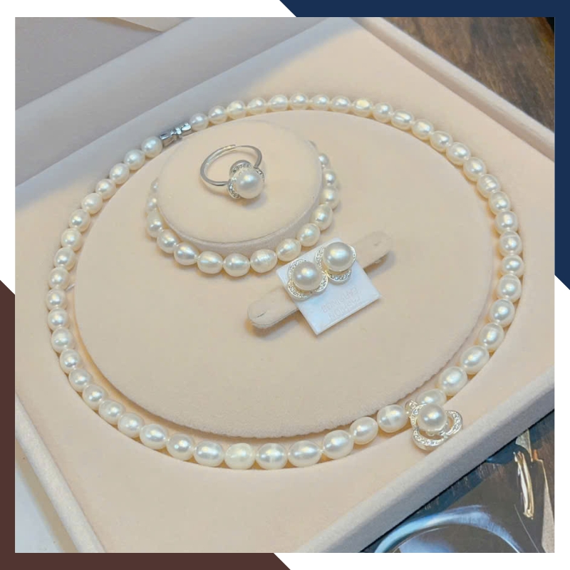 Bộ Trang Sức Ngọc Trai Thật Dáng Hạt Xoài Mix Bạc BTSNT219