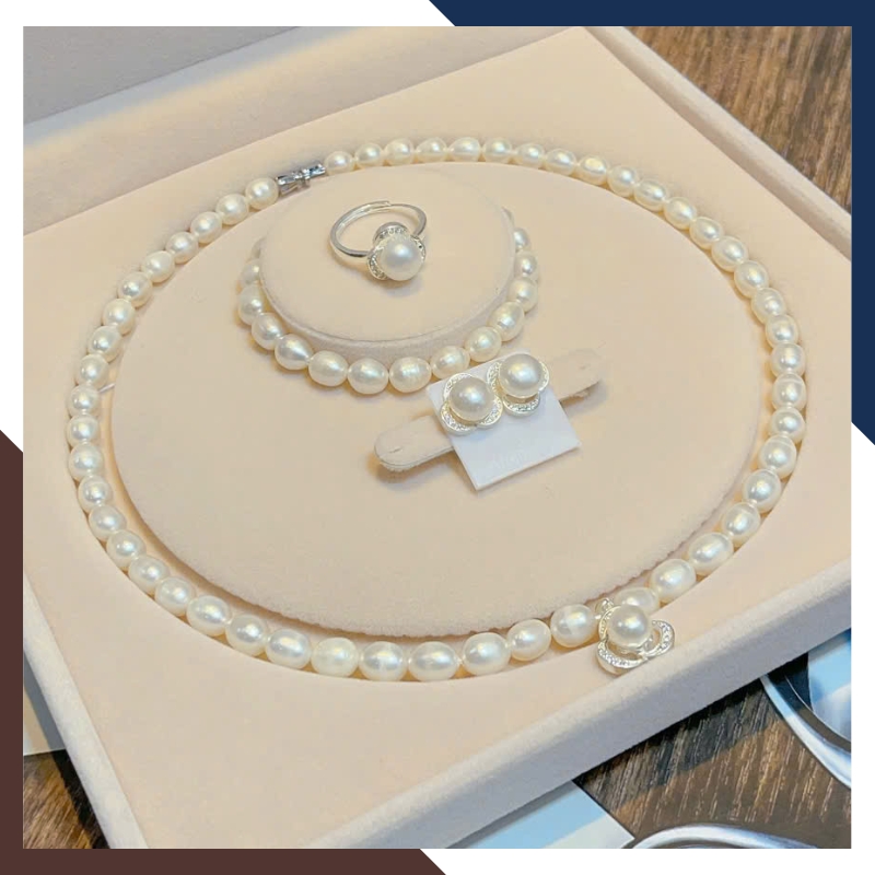 Bộ Trang Sức Ngọc Trai Thật Dáng Hạt Xoài Mix Bạc BTSNT219