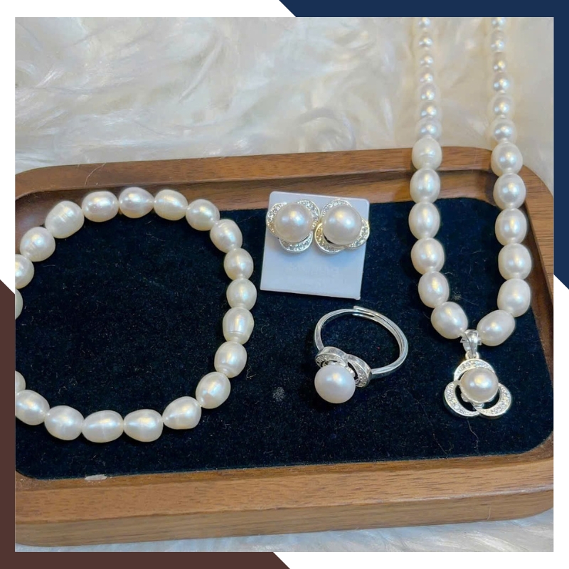 Bộ Trang Sức Ngọc Trai Thật Dáng Hạt Xoài Mix Bạc BTSNT219