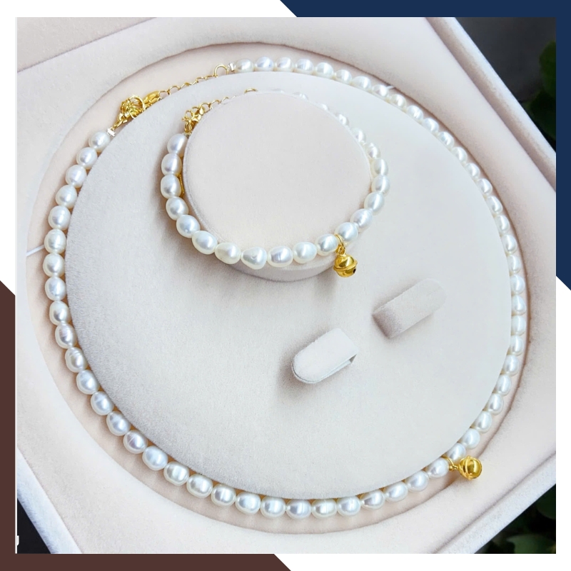 Bộ trang sức ngọc trai thật mix chuông bạc xi vàng BTSNT199