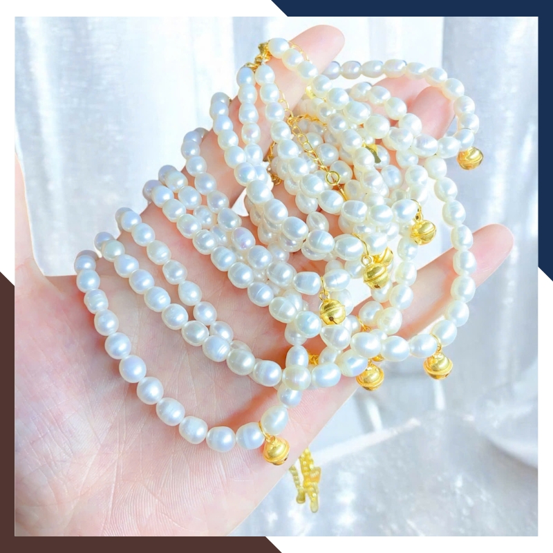 Bộ trang sức ngọc trai thật mix chuông bạc xi vàng BTSNT199
