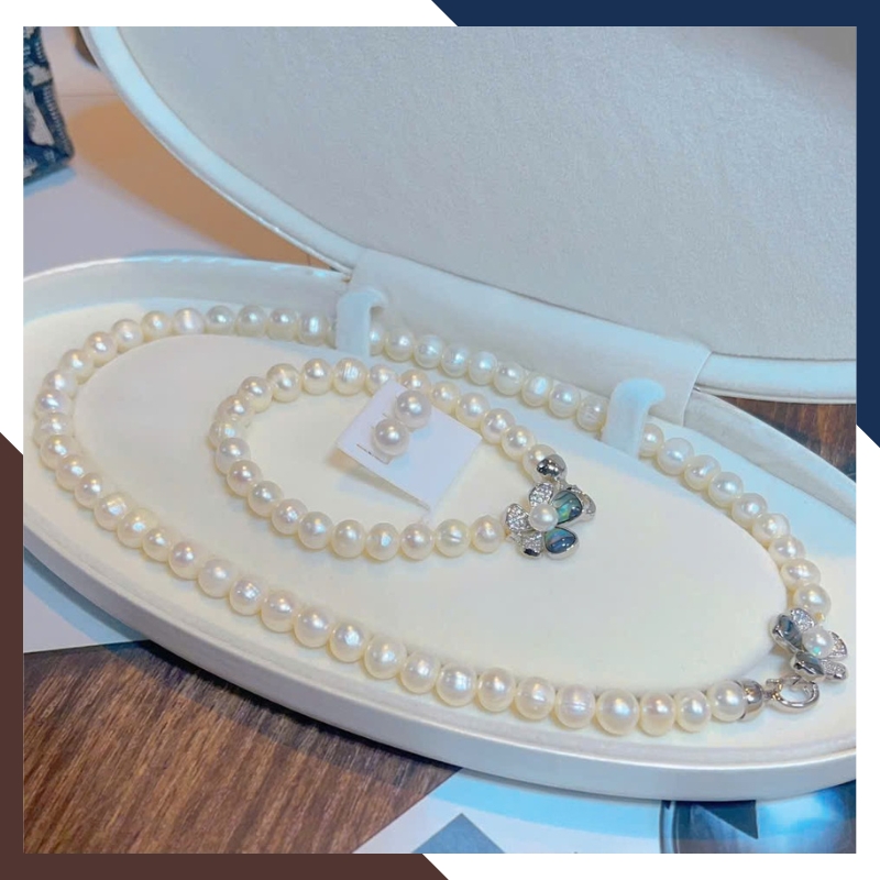 Bộ Trang Sức Ngọc Trai Thật Mix Khoá Hình Hoa 5 Cánh BTSNT220