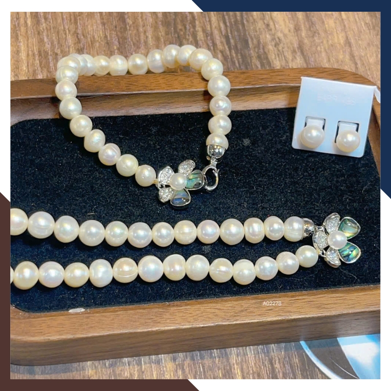 Bộ Trang Sức Ngọc Trai Thật Mix Khoá Hình Hoa 5 Cánh BTSNT220