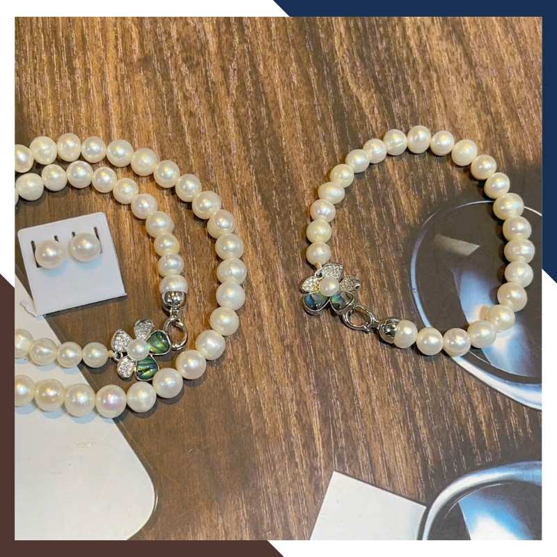 Bộ Trang Sức Ngọc Trai Thật Mix Khoá Hình Hoa 5 Cánh BTSNT220