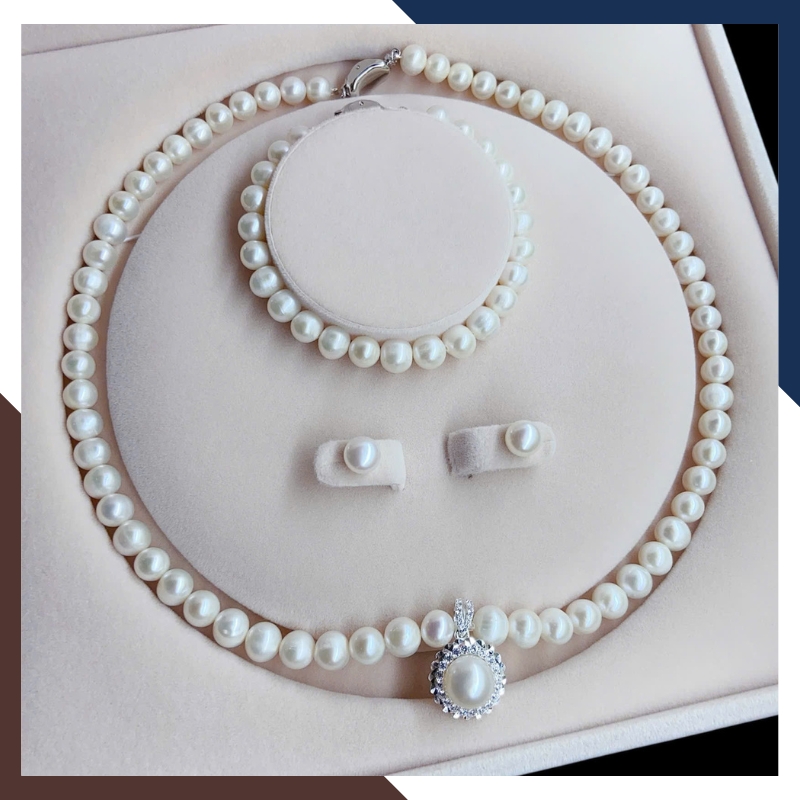 Bộ trang sức ngọc trai thật mix mặt bạc hình hoa BTSNT186