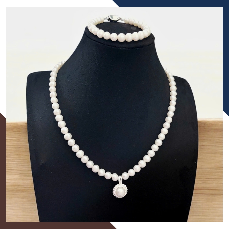 Bộ trang sức ngọc trai thật mix mặt bạc hình hoa BTSNT186