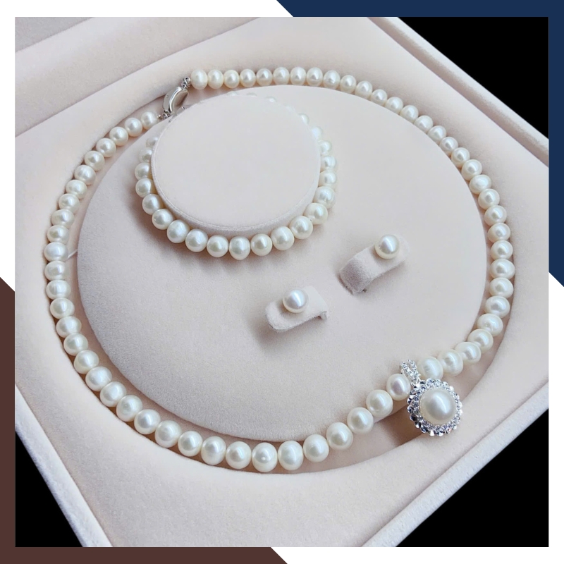 Bộ trang sức ngọc trai thật mix mặt bạc hình hoa BTSNT186