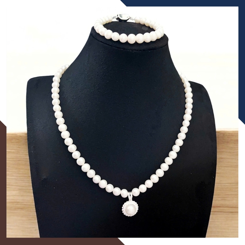 Bộ trang sức ngọc trai thật mix mặt bạc hình hoa BTSNT186