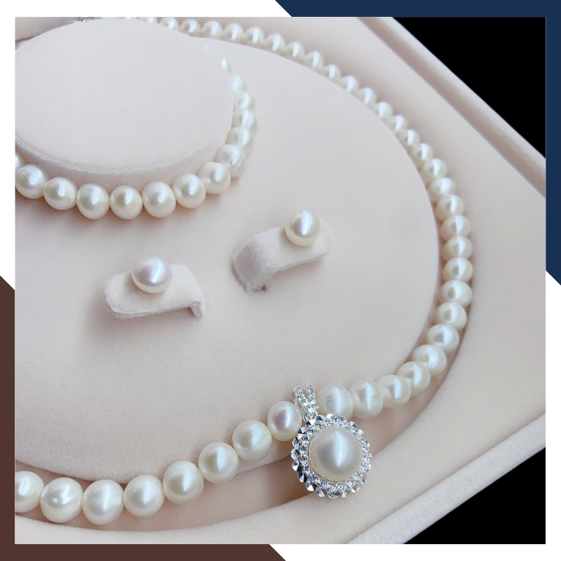 Bộ trang sức ngọc trai thật mix mặt bạc hình hoa BTSNT186