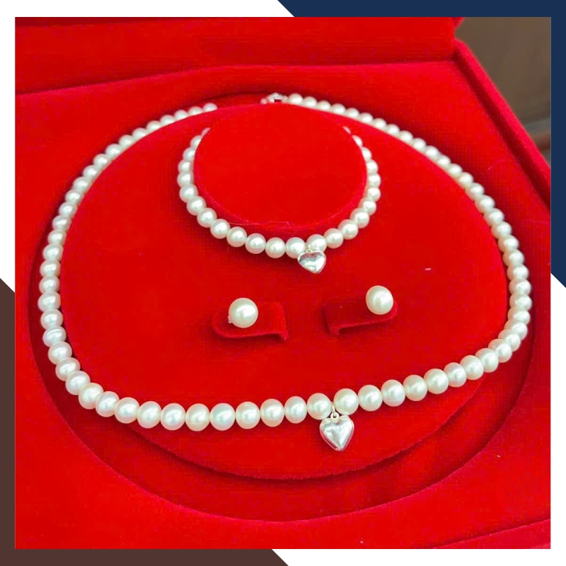 Bộ Trang Sức Ngọc Trai Thật Mix Mặt Trái Tim Bạc 925 BTSNT195