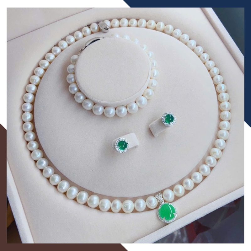 Bộ trang sức ngọc trai thật phối đá xanh BTSNT215