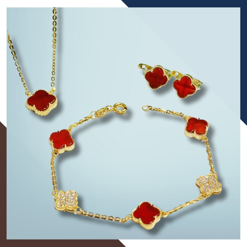 Bộ trang sức vàng tây 10k hình cỏ 4 lá gồm dây chuyền, lắc tay và bông tai mã L86D66B37