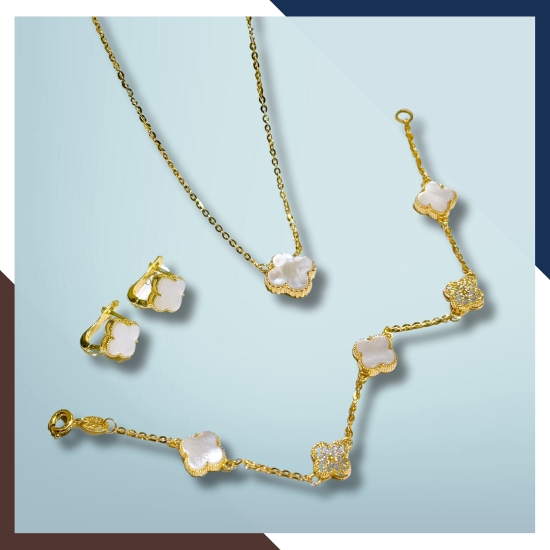 Bộ trang sức vàng tây 10k hình cỏ 4 lá gồm dây chuyền, lắc tay và bông tai mã L86D66B37