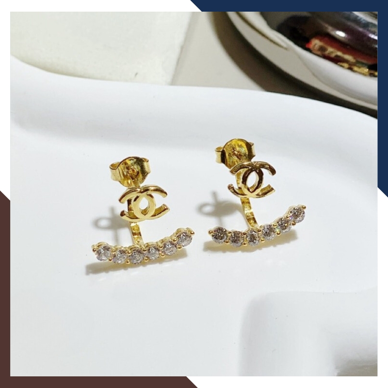 Bông tai Chanel vàng tây 10k dáng cong ôm vành tai đính dải đá cho nữ đẹp mã TL54