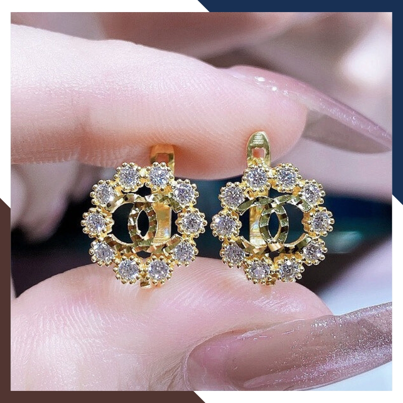 Bông tai chanel vàng tây 10k hình tròn vòng hoa nguyệt quế trẻ trung mới đẹp cho nữ, mẫu chốt bấm bật mã TL50