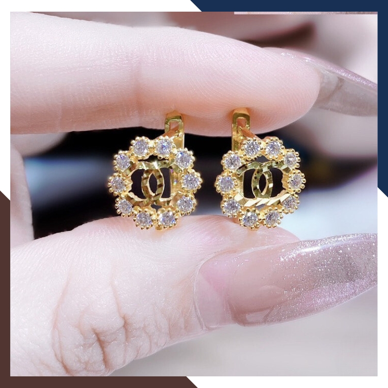 Bông tai chanel vàng tây 10k hình tròn vòng hoa nguyệt quế trẻ trung mới đẹp cho nữ, mẫu chốt bấm bật mã TL50