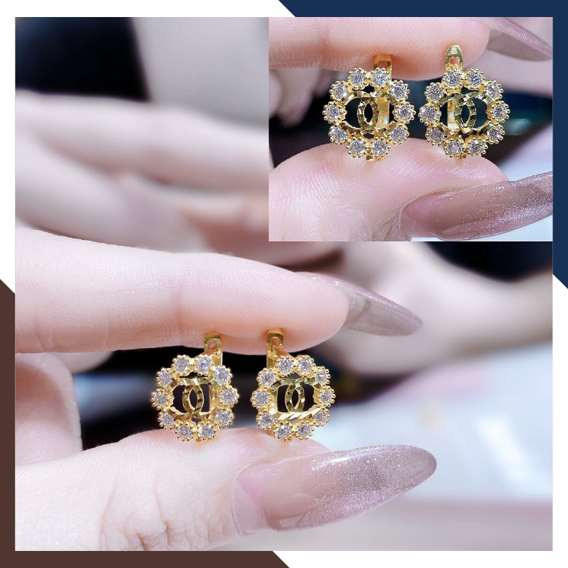 Bông tai chanel vàng tây 10k hình tròn vòng hoa nguyệt quế trẻ trung mới đẹp cho nữ, mẫu chốt bấm bật mã TL50