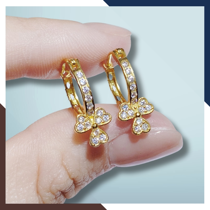 Bông tai cỏ 3 lá vàng tây 10k đính đá kiểu khuyên tròn ôm sát tai cho nữ đẹp mã TL40