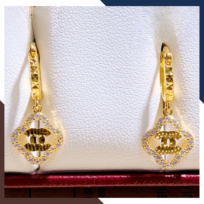 Bông tai Cỏ 4 lá Chanel vàng tây 10k kiểu khuyên tròn đeo sát tai cho nữ đẹp mã TL47