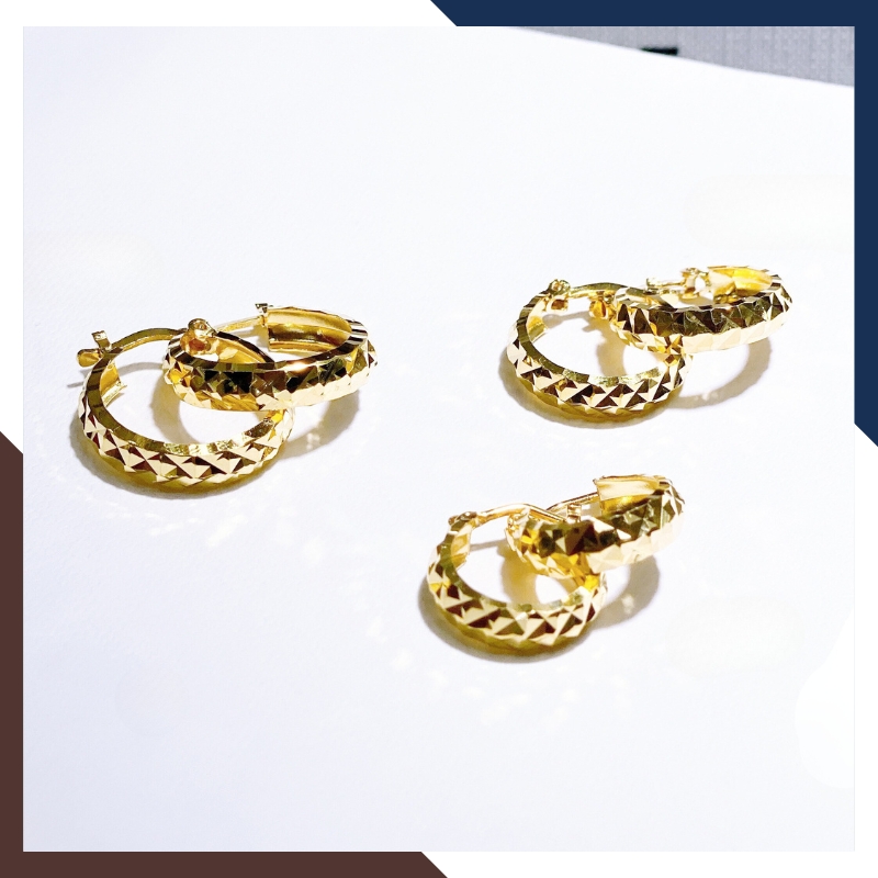 Bông tai vàng nữ tròn to phay cạnh trẻ trung S111315 | vàng tây 10k