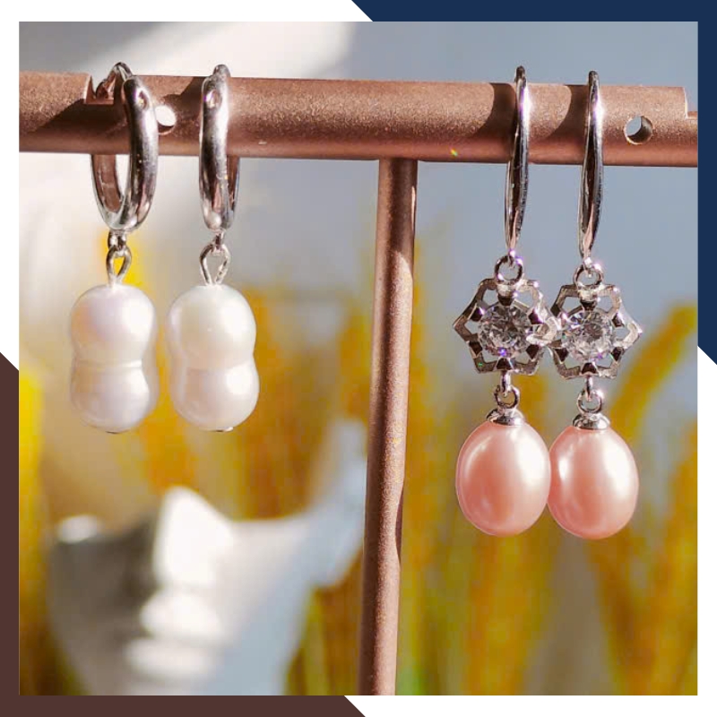 Bông Tai Ngọc Trai Thật Hình Hồ Lô Kiểu Khoen Tròn Bằng Bạc Xi Bạch Kim BTNT151